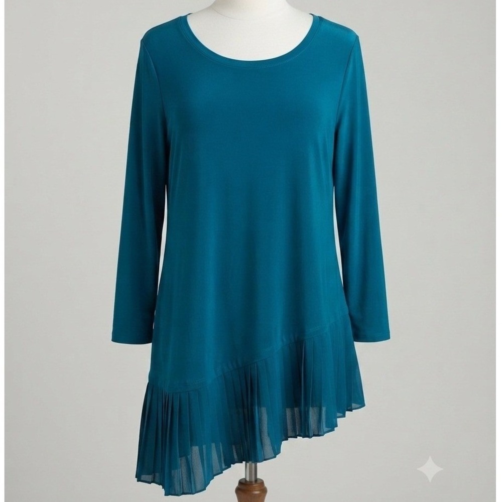 Cato Plus Moroccan Blue Asymmetrical Pleated Hem Tunic Top 3/4 Sleeve 18/20W NWT